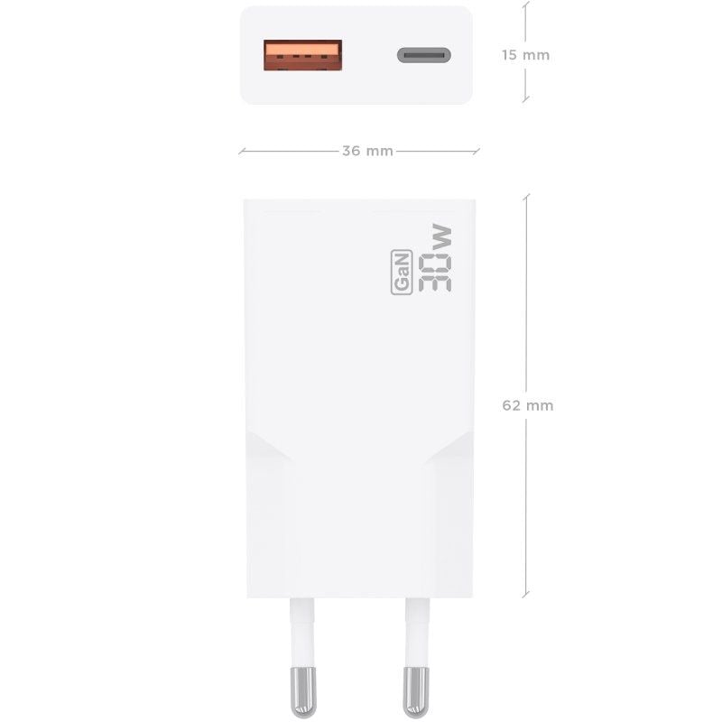 Carregador de Parede GaN Aisens A110-1002/ 1xUSB Tipo-C/ 1xUSB/ 30W/ Branco
