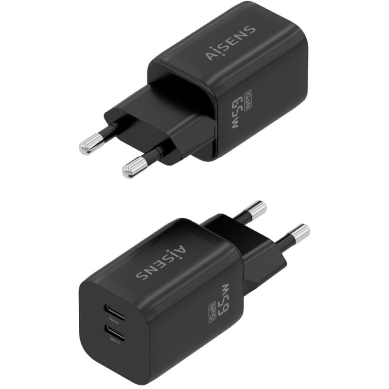 Carregador de Parede GaN Aisens A110-1030/ 2xUSB Tipo-C/ 65W/ Preto
