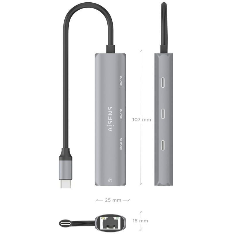 Hub USB Tipo-C Aisens ASUC-4P041-GR/ 3xUSB Tipo-C/ 1xRJ45/ Cinzento