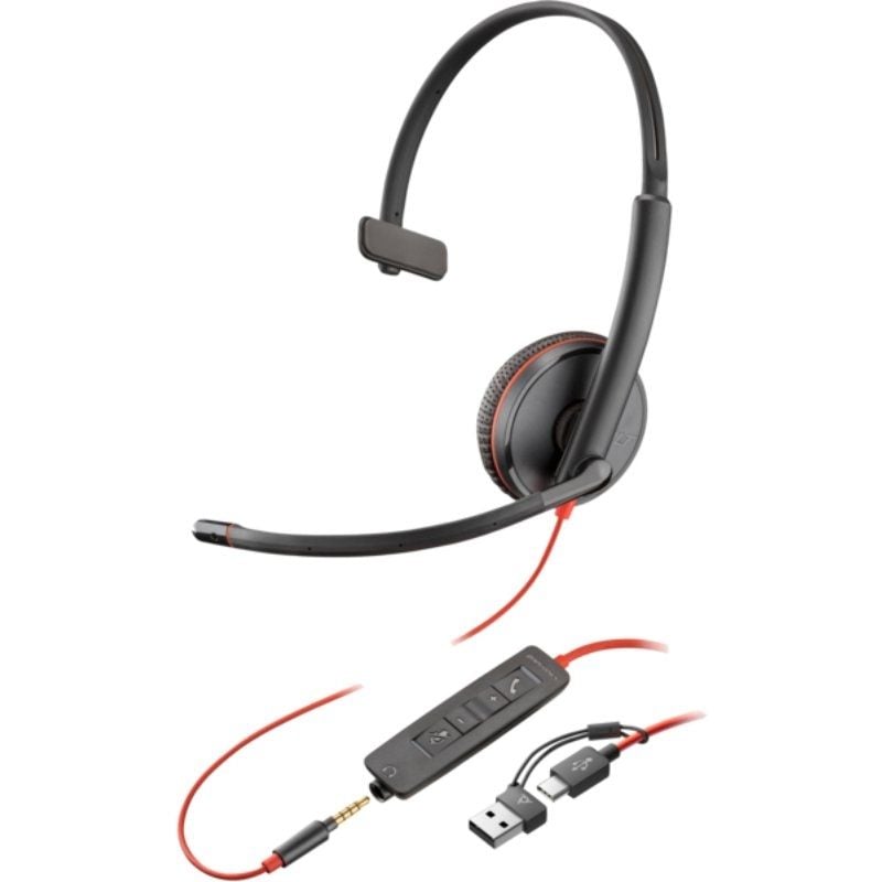 Auricular Poly Blackwire 3215 + 3.5mm + Adaptador USB-C/A/ com Microfone/ Jack 3.5 - USB Tipo-C/ Bulk/ Preto