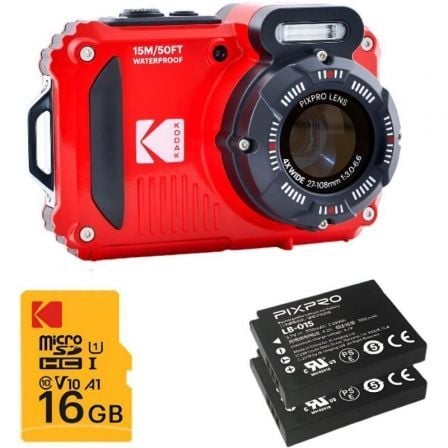 Pack Cámara Digital Kodak Pixpro WPZ2RD6 + 2 Baterías + 1 MicroSD/ 16MP/ Zoom Óptico 4x/ Rojo