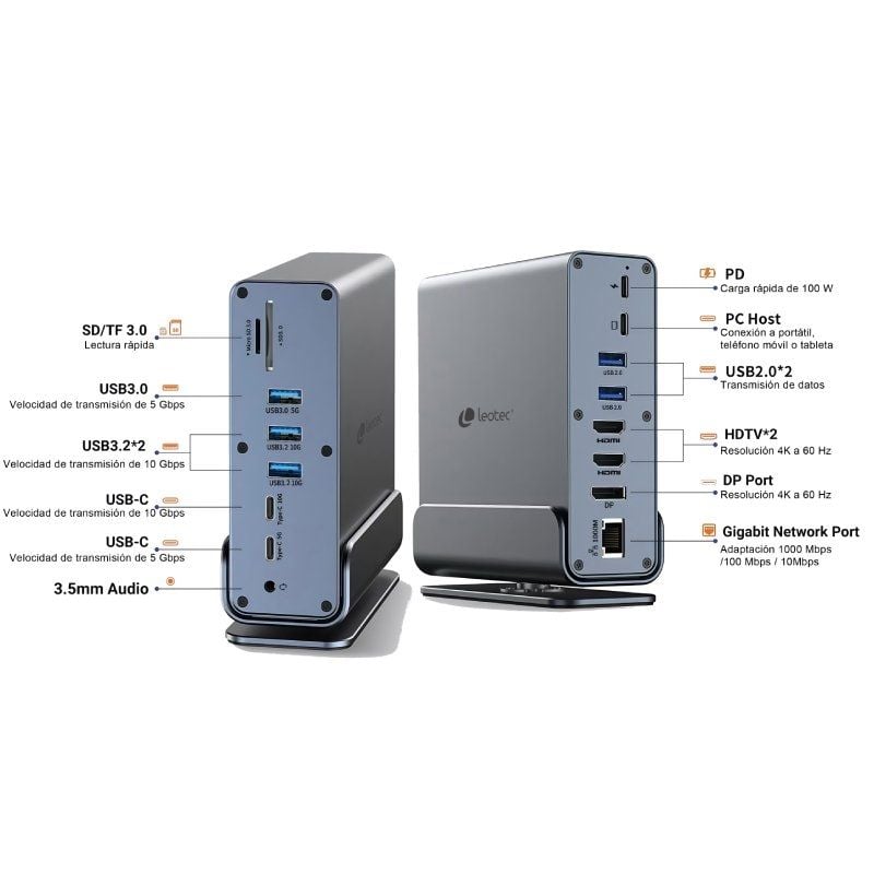 Docking USB Tipo-C Leotec LEDS06/ 5xUSB/ 2xUSB Tipo-C/ 1xUSB Tipo-C PD/ 1xDisplayPort/ 2xHDMI 4K/ 1xRJ45/ 1xJack 3.5/ 1xLeitor de Cartões/ Cinzento