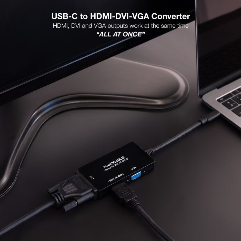 Conversor Nanocable 10.16.4301-ALL/ USB Tipo-C Macho - HDMI Fêmea - DVI-I Fêmea - VGA Fêmea/ 20cm/ Preto