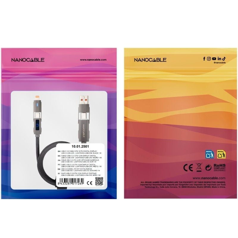 Cable USB 2.0 Tipo-C Nanocable 10.01.2501/ USB Tipo-C Macho + USB Macho - USB Tipo-C Macho + Lightning Macho/ Hasta 27W/ 480Mbps/ 1m/ Negro