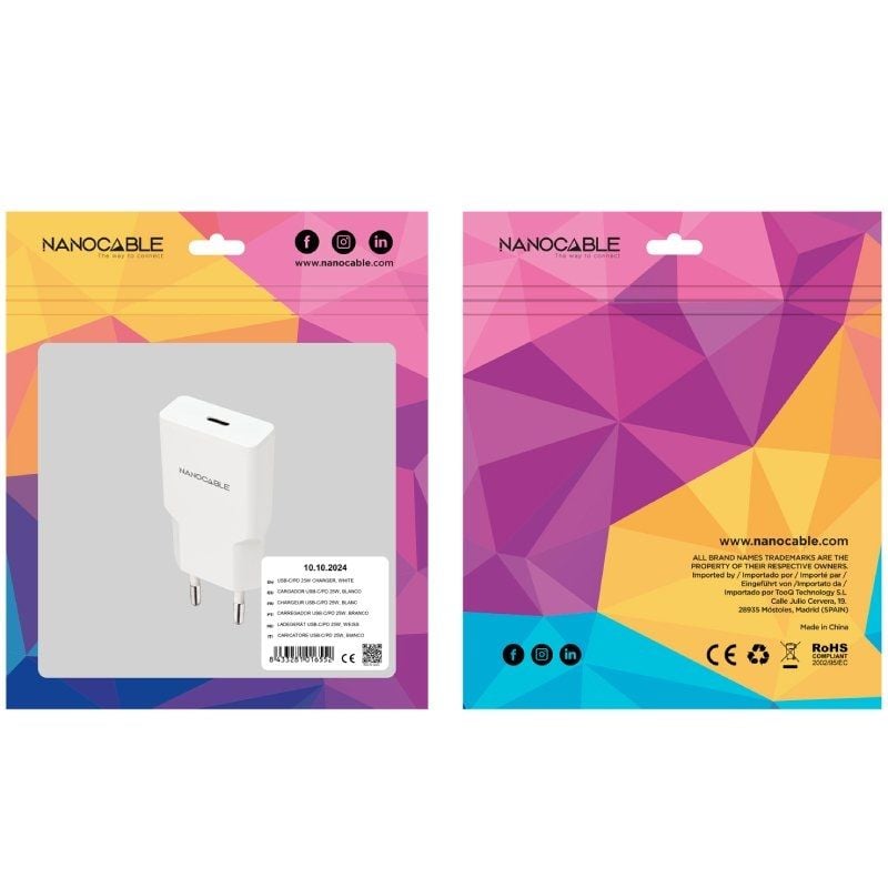 Carregador de Parede Nanocable 10.10.2024/ 1xUSB Tipo-C/ 25W/ Branco