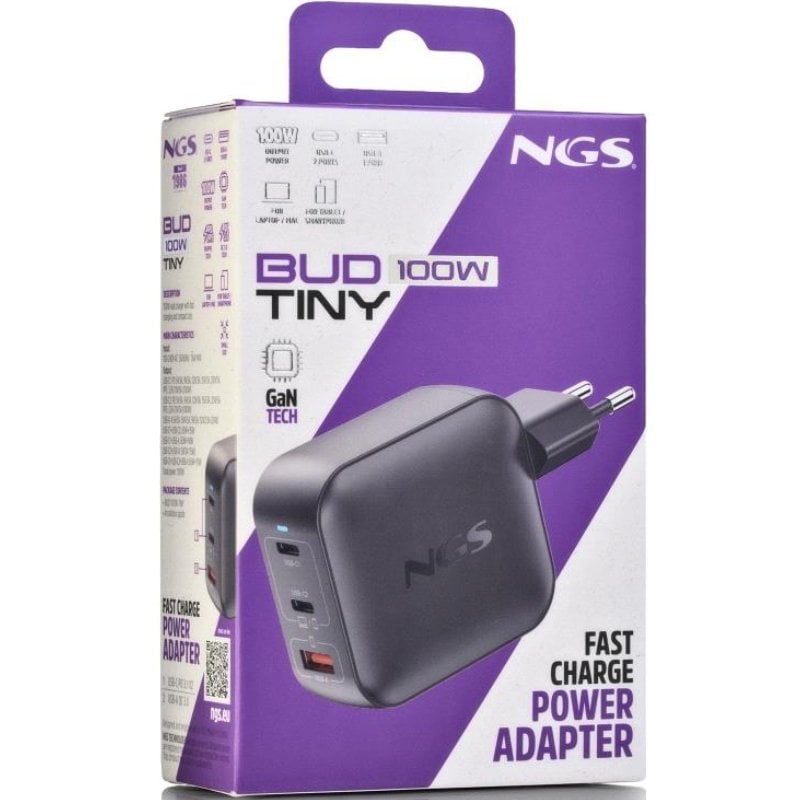 Carregador de Parede GaN NGS BUD100WTINY 100W/ 2xUSB Tipo-C/ 1xUSB/ 100W