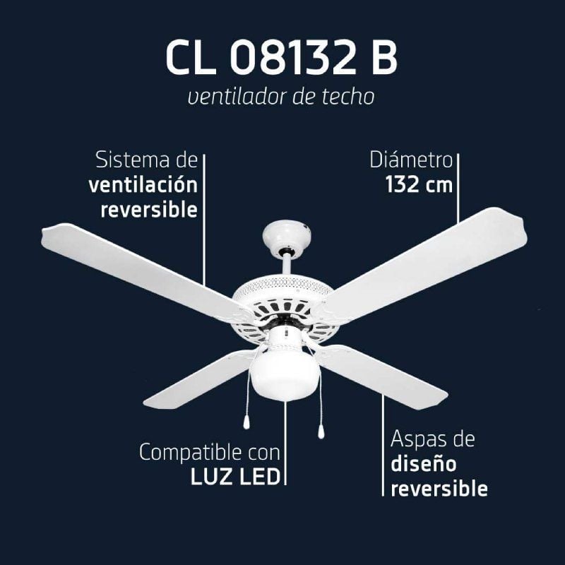 Ventoinha de Teto Orbegozo CL 08132 B/ 60W/ 4 Pás 132cm/ 3 velocidades