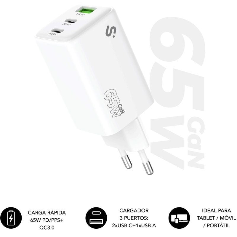 Carregador de Parede GaN Subblim 65W Carregador USB C+C+A/ 2xUSB Tipo-C/ 1xUSB/ 65W