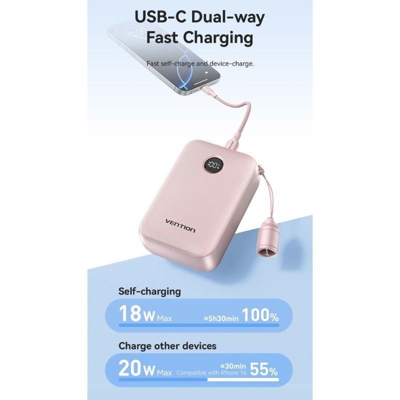 Powerbank 20000mAh Vention FKBL0-C/ 22.5W/ Azul/ Incluye Cable USB Tipo-C