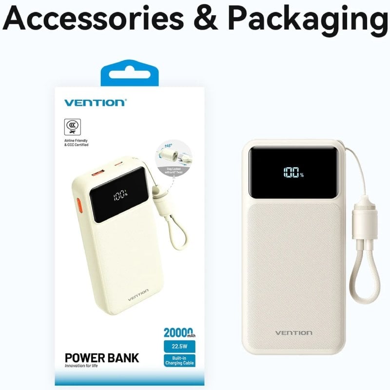 Powerbank 20000mAh Vention XGYB0-40-TY/ 22.5W/ Negra/ Incluye Cable USB Tipo-C