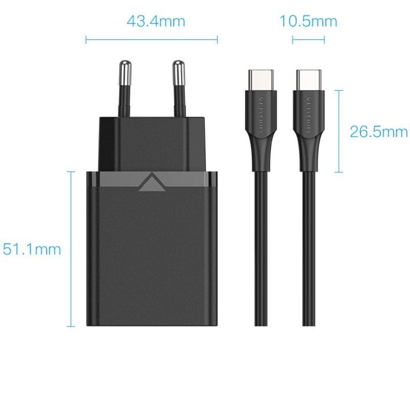 Cargador de Pared Vention FAHWF-EU/ 1xUSB Tipo-C + 2x Cable USB Tipo-C/ 25W