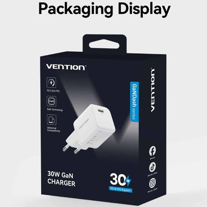Carregador de Parede GaN Vention FCIW0-EU/ 1xUSB Tipo-C/ 30W
