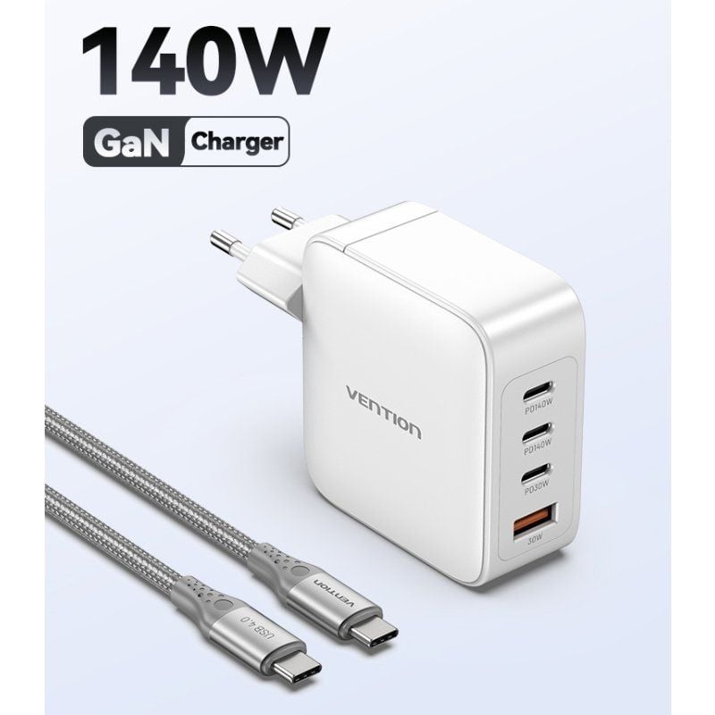 Carregador de Parede GaN Vention FEIW0-EU/ 3xUSB Tipo-C + Cabo USB Tipo-C/ 1xUSB/ 140W