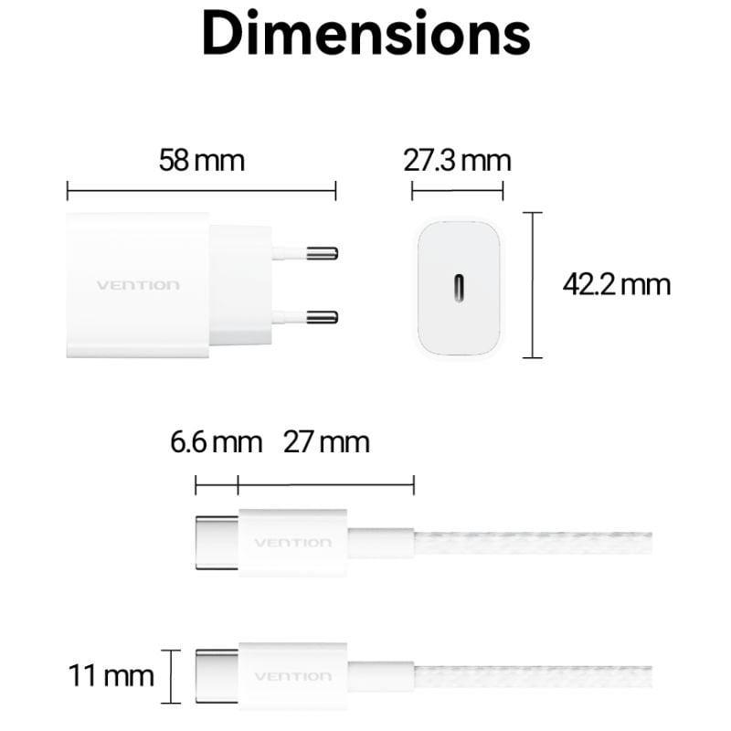 Cargador de Pared Vention G16W0-EU/ 1xUSB Tipo-C + Cable USB Tipo-C/ 20W