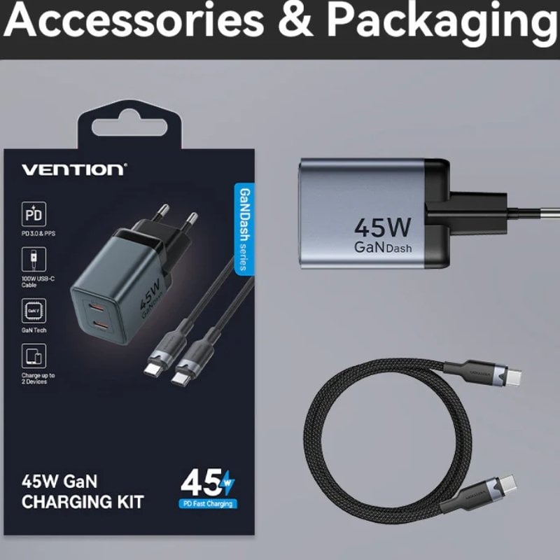 Carregador de Parede GaN Vention TZ-FCDH0-EU/ 2xUSB Tipo-C + Cabo USB Tipo-C/ 45W