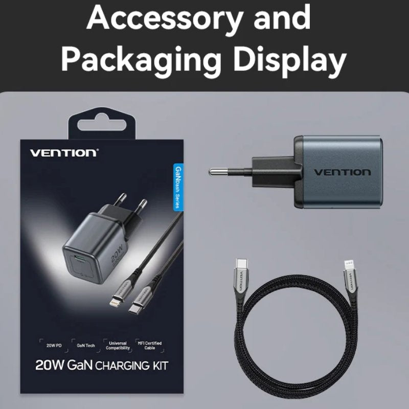 Carregador de Parede GaN Vention TZ-FEVH0-EU/ 1xUSB Tipo-C + Cabo Lightning/ 20W