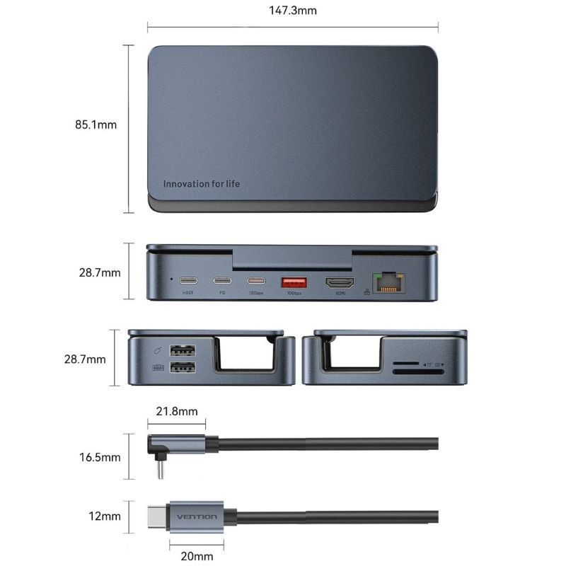 Docking USB Tipo-C para Steam Deck / Switch Vention TPZH0/ 2xHDMI 4K/ 3xUSB/ 1xUSB Tipo-C/ 1xUSB Tipo-C PD/ 1xRJ45/ 1xLector Tarjetas/ Gris