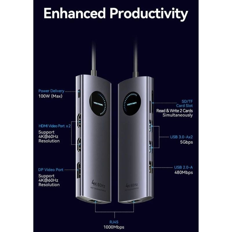 Docking USB Tipo-C Vention TQWHB/ 2xHDMI 4K/ 1xDisplayPort/ 3xUSB/ 1xUSB Tipo-C PD/ 1xRJ45/ 1xLeitor de Cartões/ Cinzento