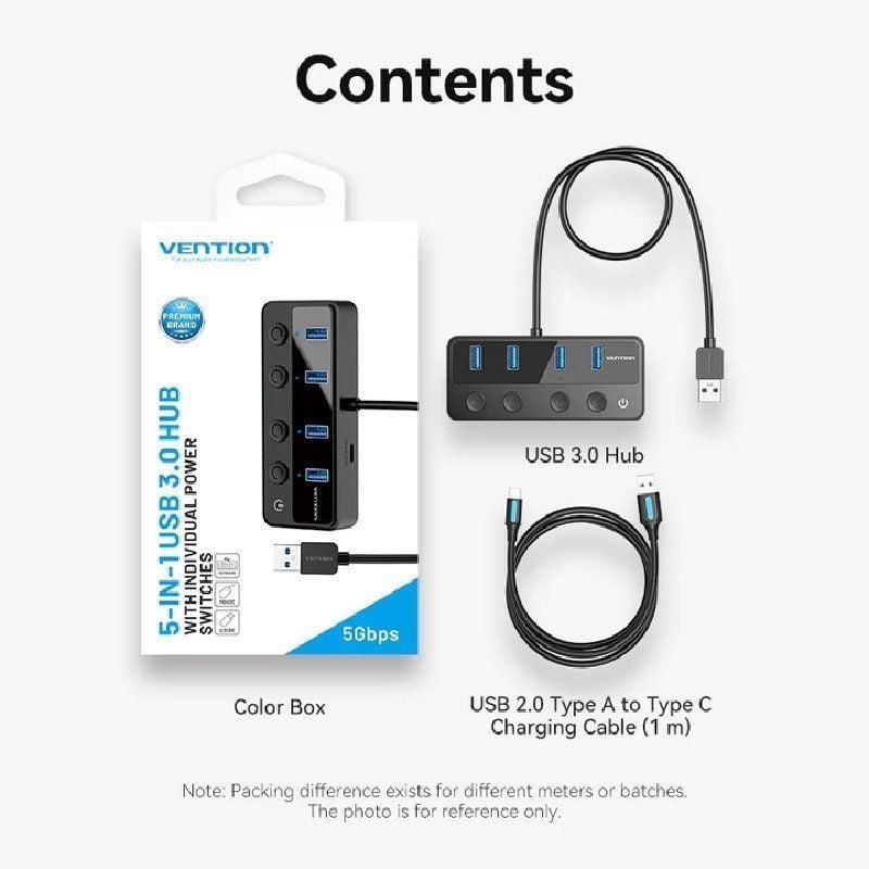 Hub USB 3.0 Vention CHWBF/ 4xUSB/ 1xUSB Tipo-C PD/ Inclui cabo de Carregamento USB Macho - USB Tipo-C Macho