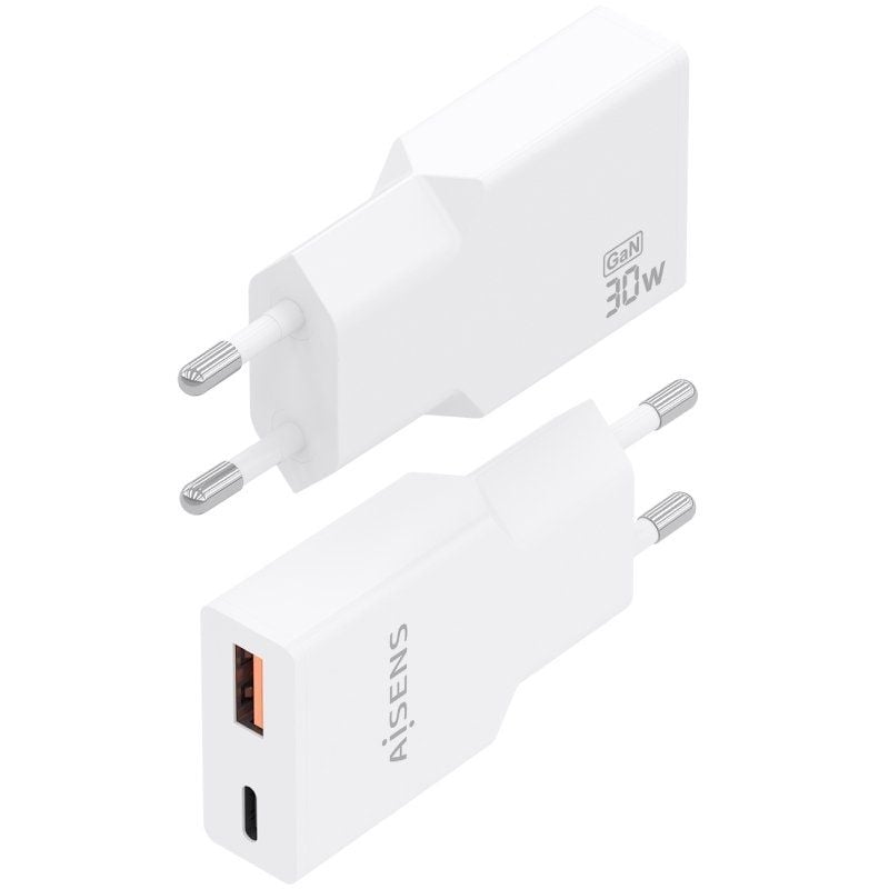 Carregador de Parede GaN Aisens A110-1002/ 1xUSB Tipo-C/ 1xUSB/ 30W/ Branco