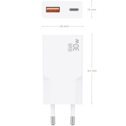 Carregador de Parede GaN Aisens A110-1002/ 1xUSB Tipo-C/ 1xUSB/ 30W/ Branco