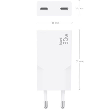 Carregador de Parede GaN Aisens A110-1003/ 2xUSB Tipo-C/ 30W/ Branco