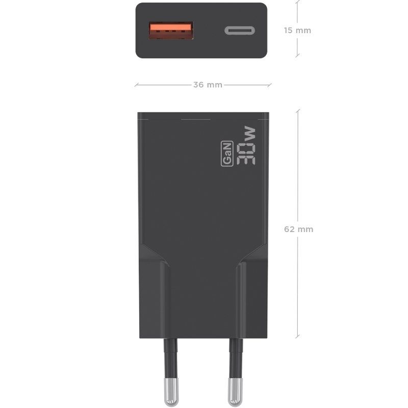 Carregador de Parede GaN Aisens A110-1005/ 1xUSB Tipo-C/ 1xUSB/ 30W/ Preto