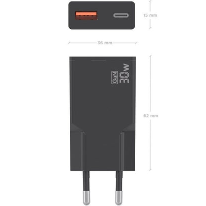 Carregador de Parede GaN Aisens A110-1005/ 1xUSB Tipo-C/ 1xUSB/ 30W/ Preto