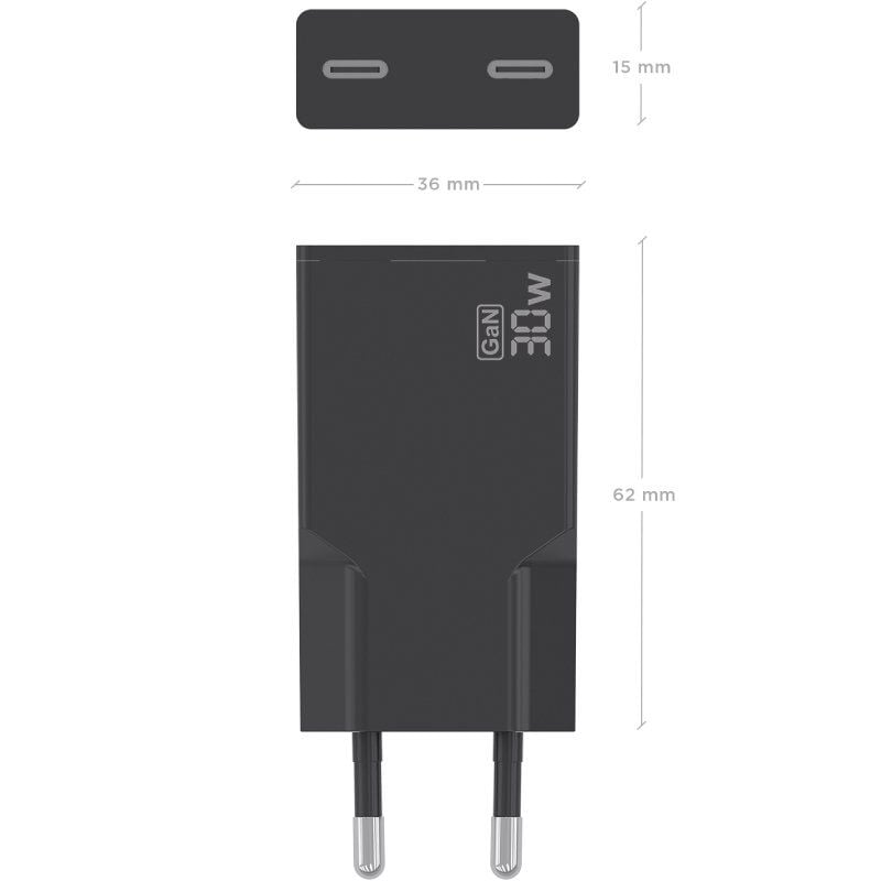 Carregador de Parede GaN Aisens A110-1006/ 2xUSB Tipo-C/ 30W/ Preto