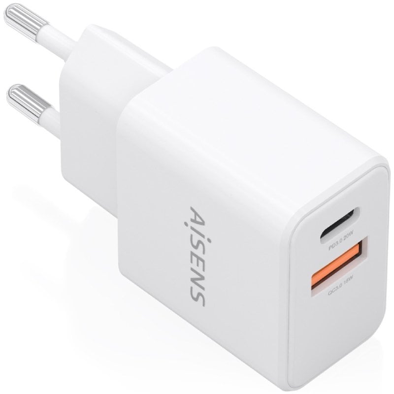 Carregador de Parede GaN Aisens A110-1025/ 1xUSB Tipo-C/ 1xUSB/ 20W/ Branco