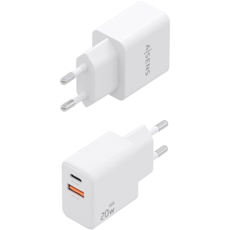 Carregador de Parede GaN Aisens A110-1025/ 1xUSB Tipo-C/ 1xUSB/ 20W/ Branco