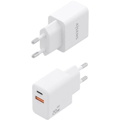 Carregador de Parede GaN Aisens A110-1025/ 1xUSB Tipo-C/ 1xUSB/ 20W/ Branco
