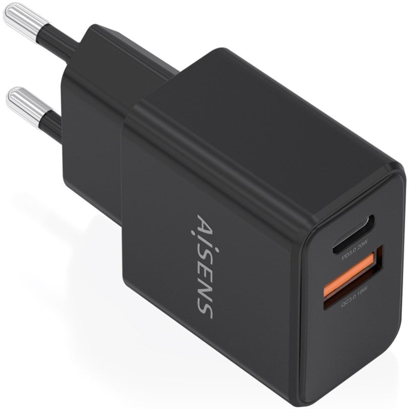 Carregador de Parede GaN Aisens A110-1026/ 1xUSB Tipo-C/ 1xUSB/ 20W/ Preto