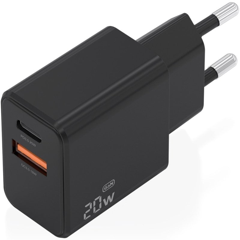 Carregador de Parede GaN Aisens A110-1026/ 1xUSB Tipo-C/ 1xUSB/ 20W/ Preto