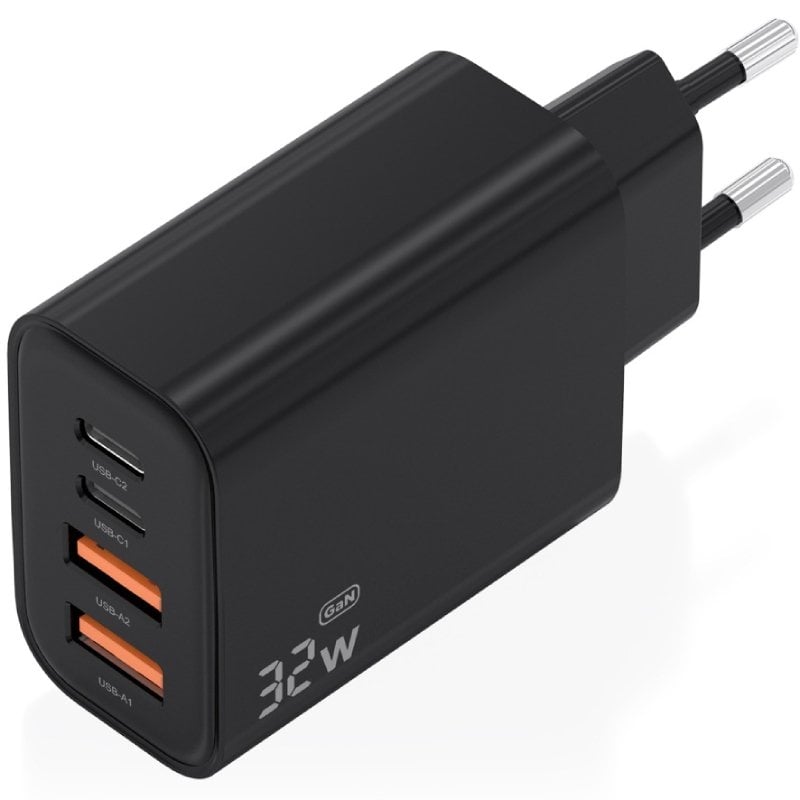 Carregador de Parede GaN Aisens A110-1028/ 2xUSB Tipo-C/ 2xUSB/ 32W/ Preto