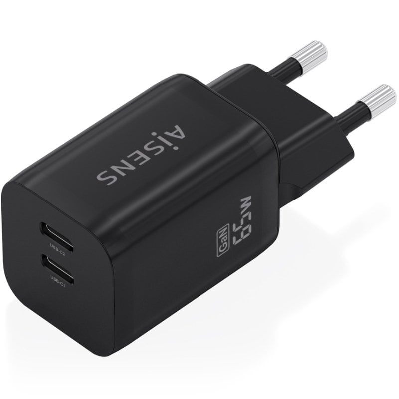 Carregador de Parede GaN Aisens A110-1030/ 2xUSB Tipo-C/ 65W/ Preto