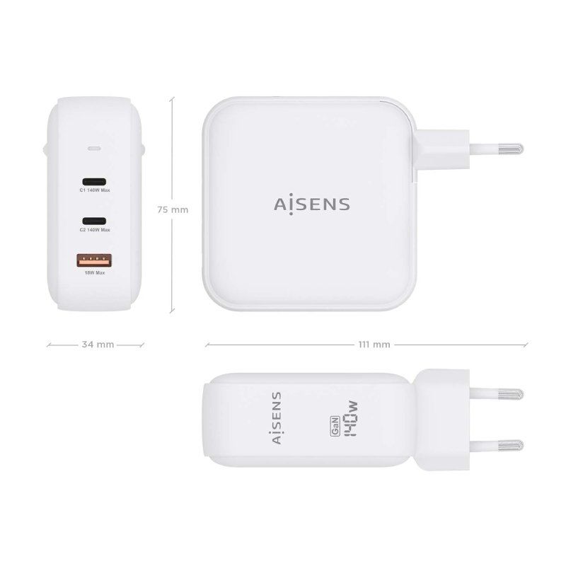 Carregador de Parede GaN Aisens ASCH-140W3P030-W/ 2xUSB Tipo-C/ 1xUSB/ 140W