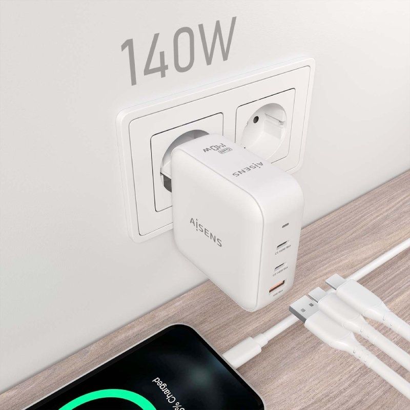 Carregador de Parede GaN Aisens ASCH-140W3P030-W/ 2xUSB Tipo-C/ 1xUSB/ 140W