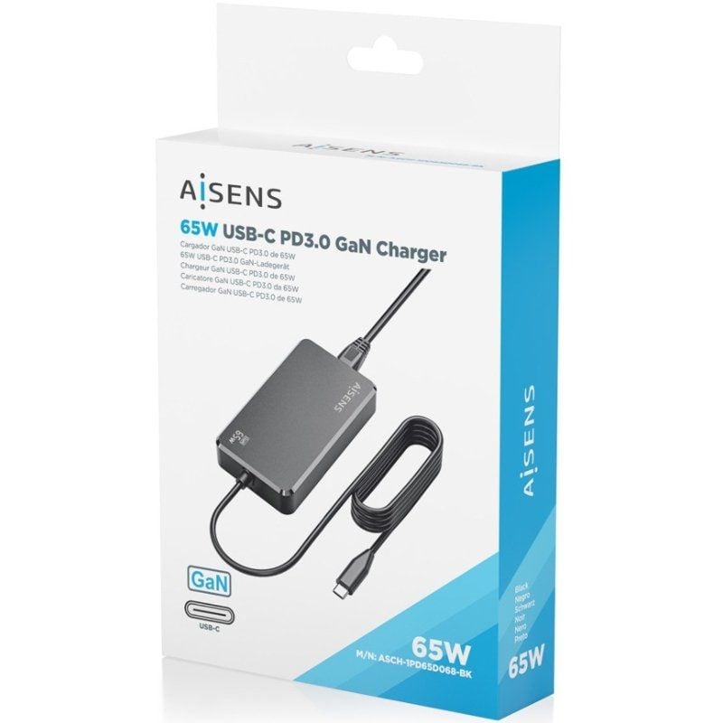 Carregador de Secretária GaN Aisens ASCH-1PD65D068-BK/ 1xUSB Tipo-C/ 65W
