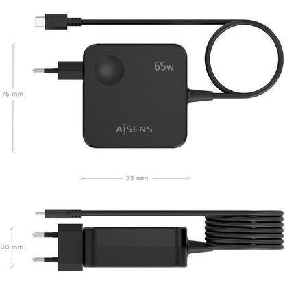 Carregador de Parede Aisens ASCH-1PD65WL80-BK/ 1xUSB Tipo-C/ 65W/ Preto