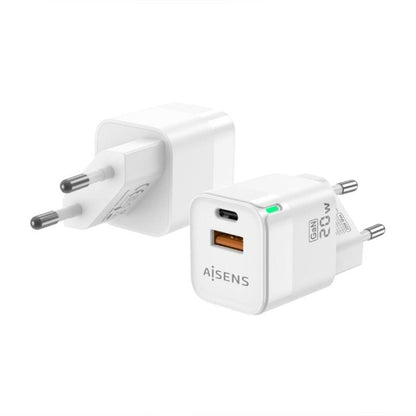 Carregador de Parede GaN Aisens ASCH-20W2P002-W/ 1xUSB Tipo-C/ 1xUSB/ 20W