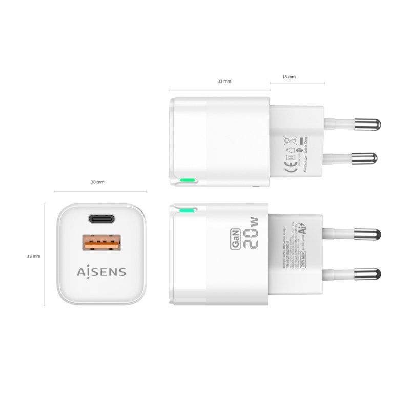 Carregador de Parede GaN Aisens ASCH-20W2P002-W/ 1xUSB Tipo-C/ 1xUSB/ 20W