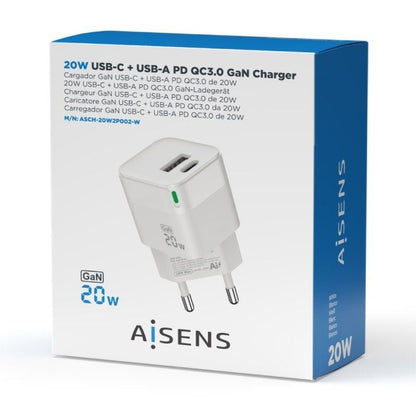 Carregador de Parede GaN Aisens ASCH-20W2P002-W/ 1xUSB Tipo-C/ 1xUSB/ 20W