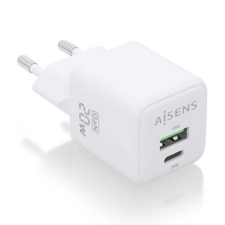 Cargador de Pared GaN Aisens ASCH-20W2P010-W/ 1xUSB Tipo-C/ 1xUSB/ 20W