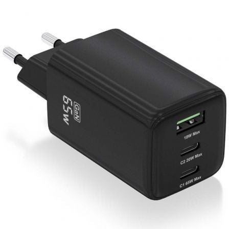 Cargador de Pared GaN Aisens ASCH-65W3P042-BK/ 2xUSB Tipo-C/ 1xUSB/ 65W