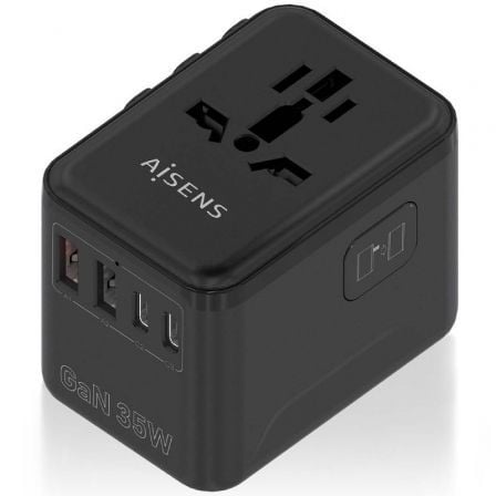 Cargador de Pared Universal GaN para Viaje Aisens ASPS-2A3C09-BK/ Toma de Corriente Universal/ 3xUSB Tipo-C/ 2xUSB/ 35W