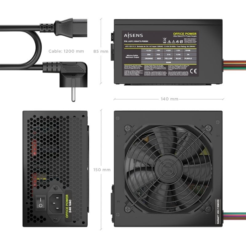 Fuente de Alimentación Aisens ASPC-500ATX-PSEBK/ 500W/ Ventilador 12cm