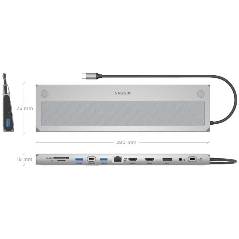 Docking USB Tipo-C Aisens ASUC-12P020-GR/ 2xHDMI 4K/ 3xUSB/ 1xUSB Tipo-C/ 1xRJ45/ 1xDisplayPort/ 1xLeitor de Cartões/ 1xUSB Tipo-C PD/ Cinzento