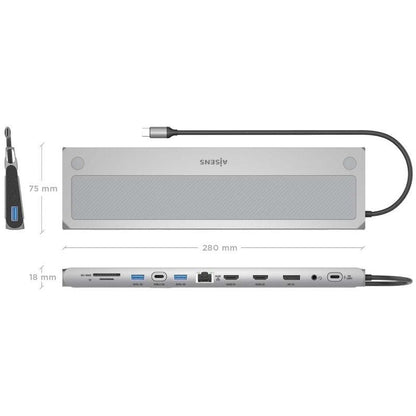 Docking USB Tipo-C Aisens ASUC-12P020-GR/ 2xHDMI 4K/ 3xUSB/ 1xUSB Tipo-C/ 1xRJ45/ 1xDisplayPort/ 1xLeitor de Cartões/ 1xUSB Tipo-C PD/ Cinzento