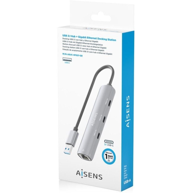 Hub USB Aisens ASUC-4P037-GR/ 3xUSB Tipo-C/ 1xRJ45/ Cinzento